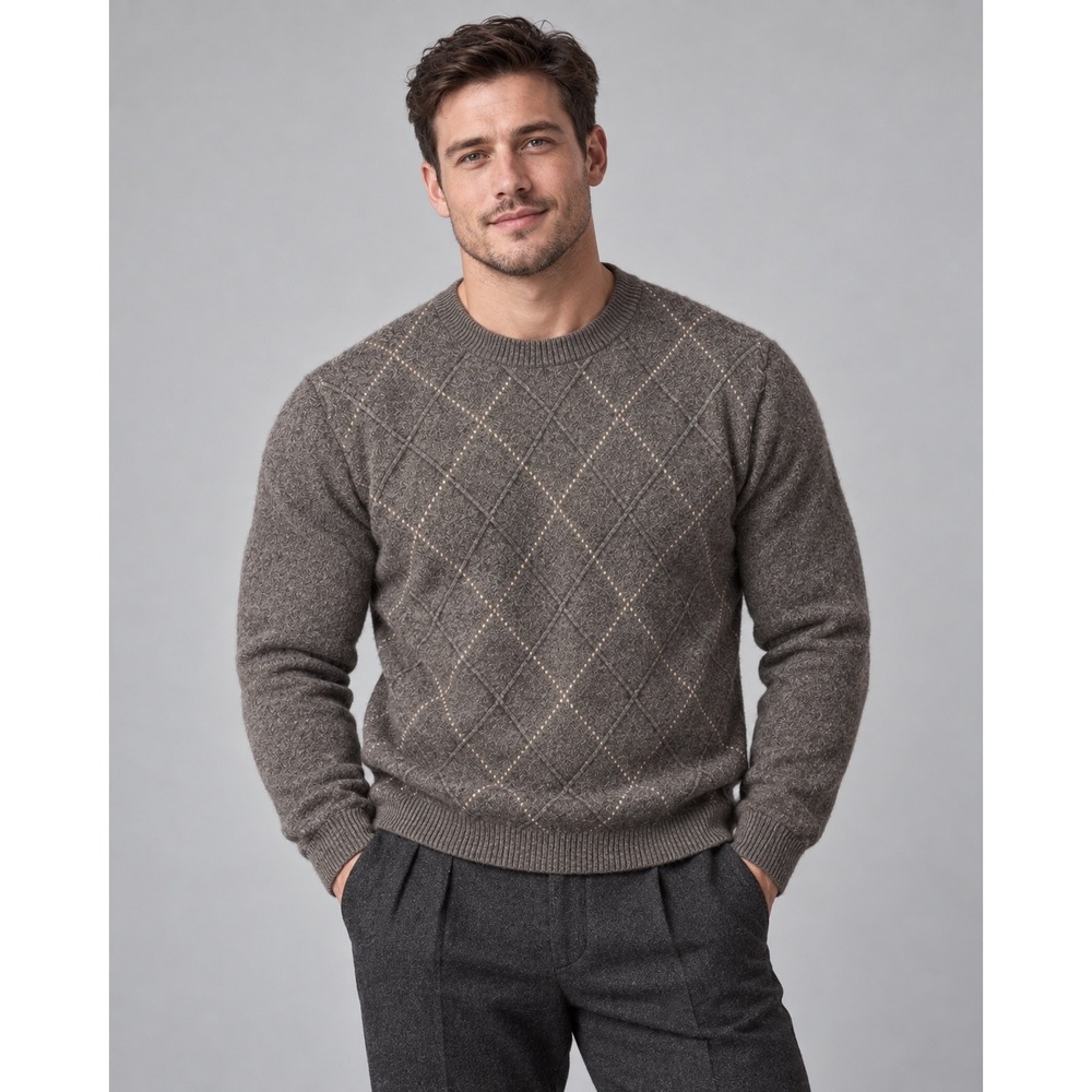 Pure Cashmere Mens XXL Gray Diamond Argyle Crewneck Sweater 100% Cashmere